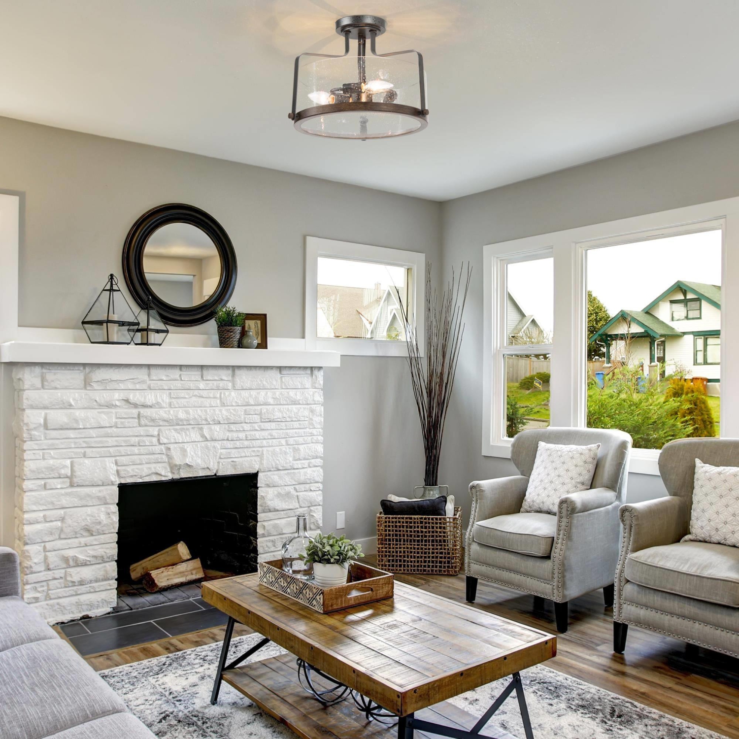 Modern Farmhouse 3-Light Drum Glass Semi-Flush Mount Ceiling Lights