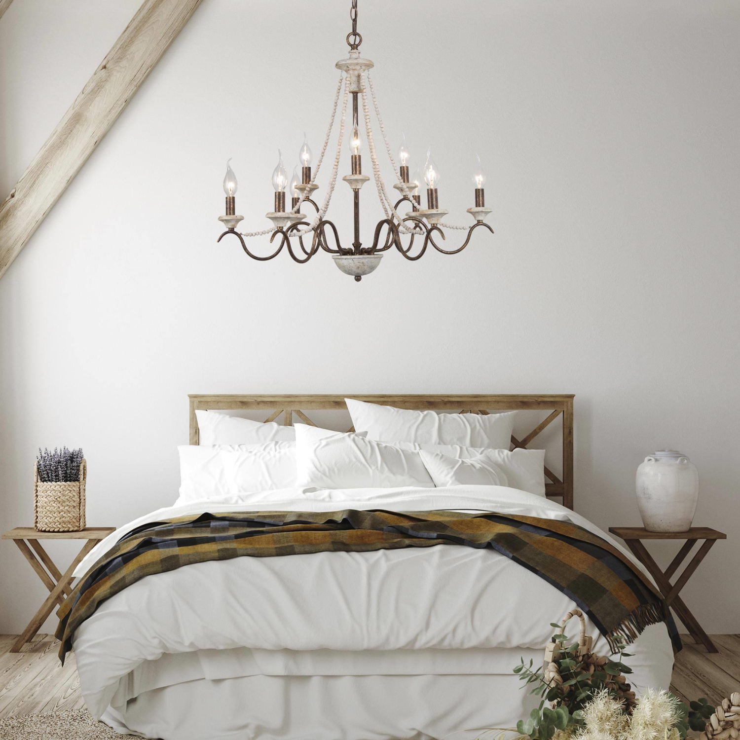 Lustre champêtre à 9 lumières avec perles en bois