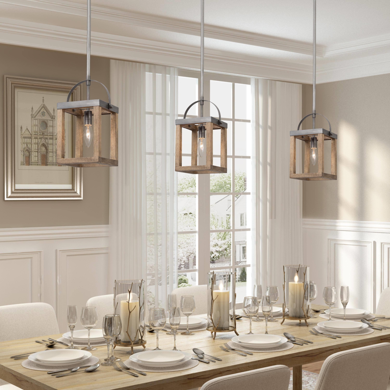 Farmhouse Industrial 1-Light Lantern Wood Pendant for Kitchen Island