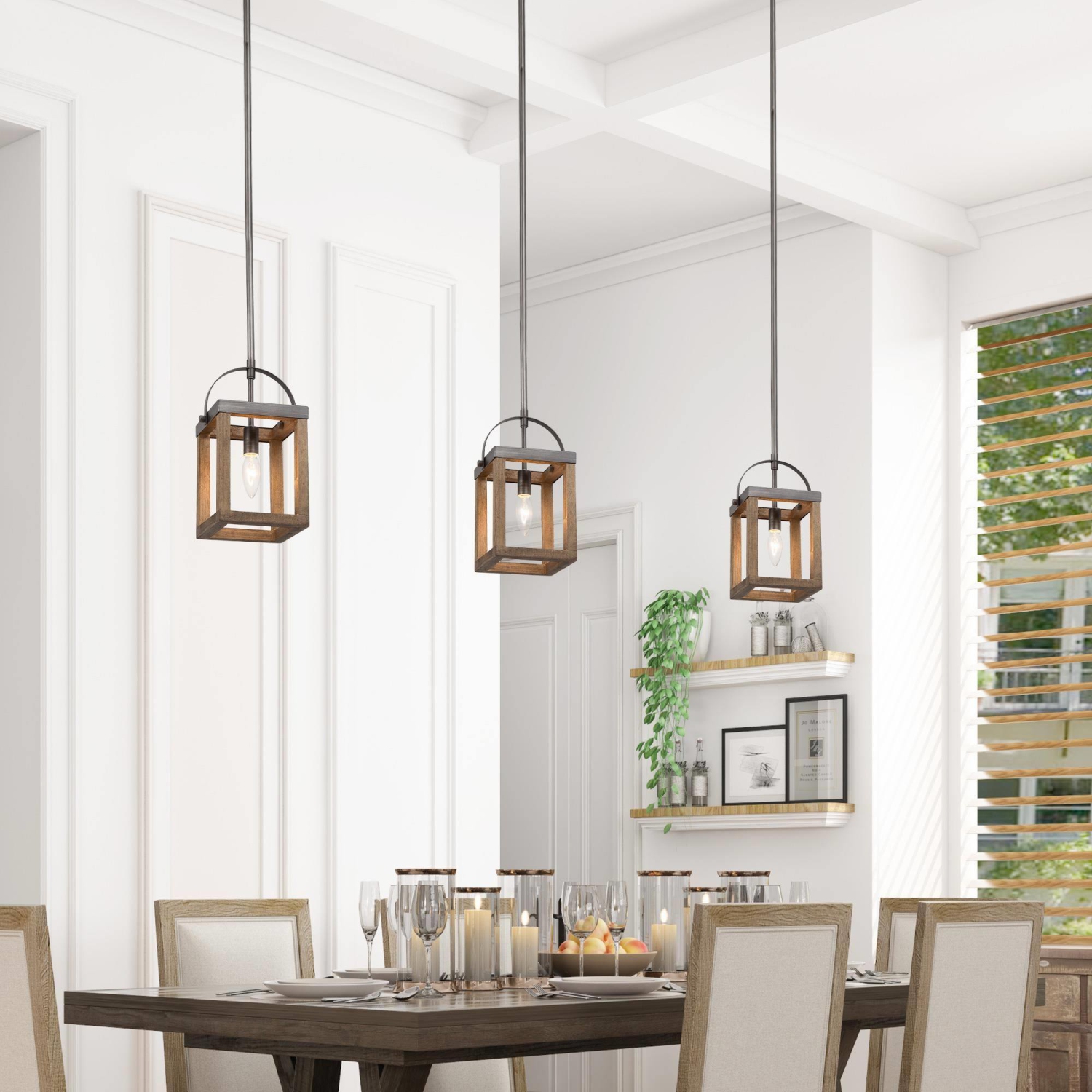 Farmhouse Industrial 1-Light Lantern Wood Pendant for Kitchen Island