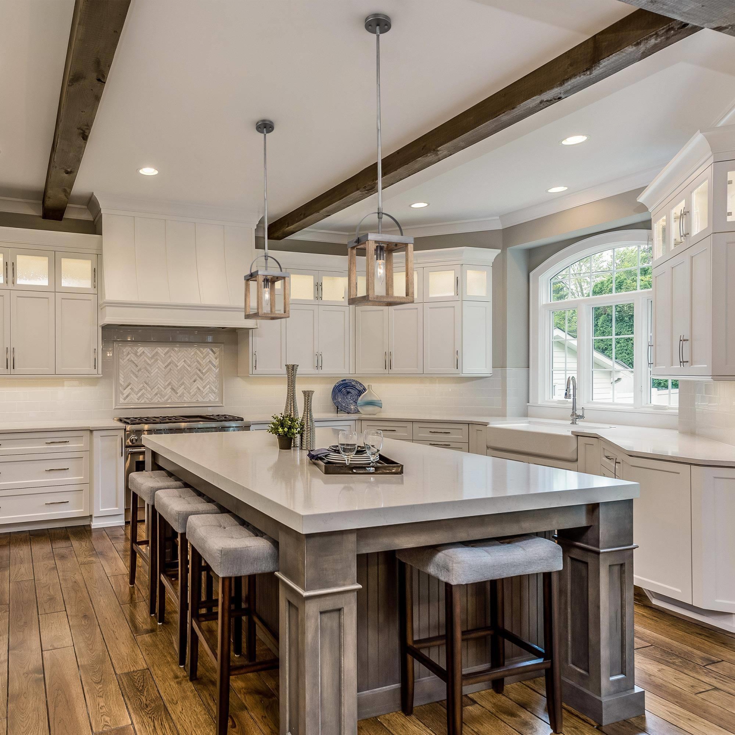 Farmhouse Industrial 1-Light Lantern Wood Pendant for Kitchen Island