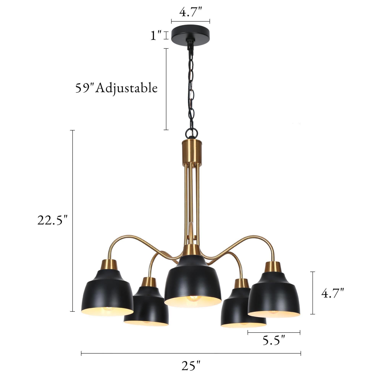 Lustre industriel mi-siècle moderne à 5 lampes en métal noir pour îlot de cuisine pour salle à manger