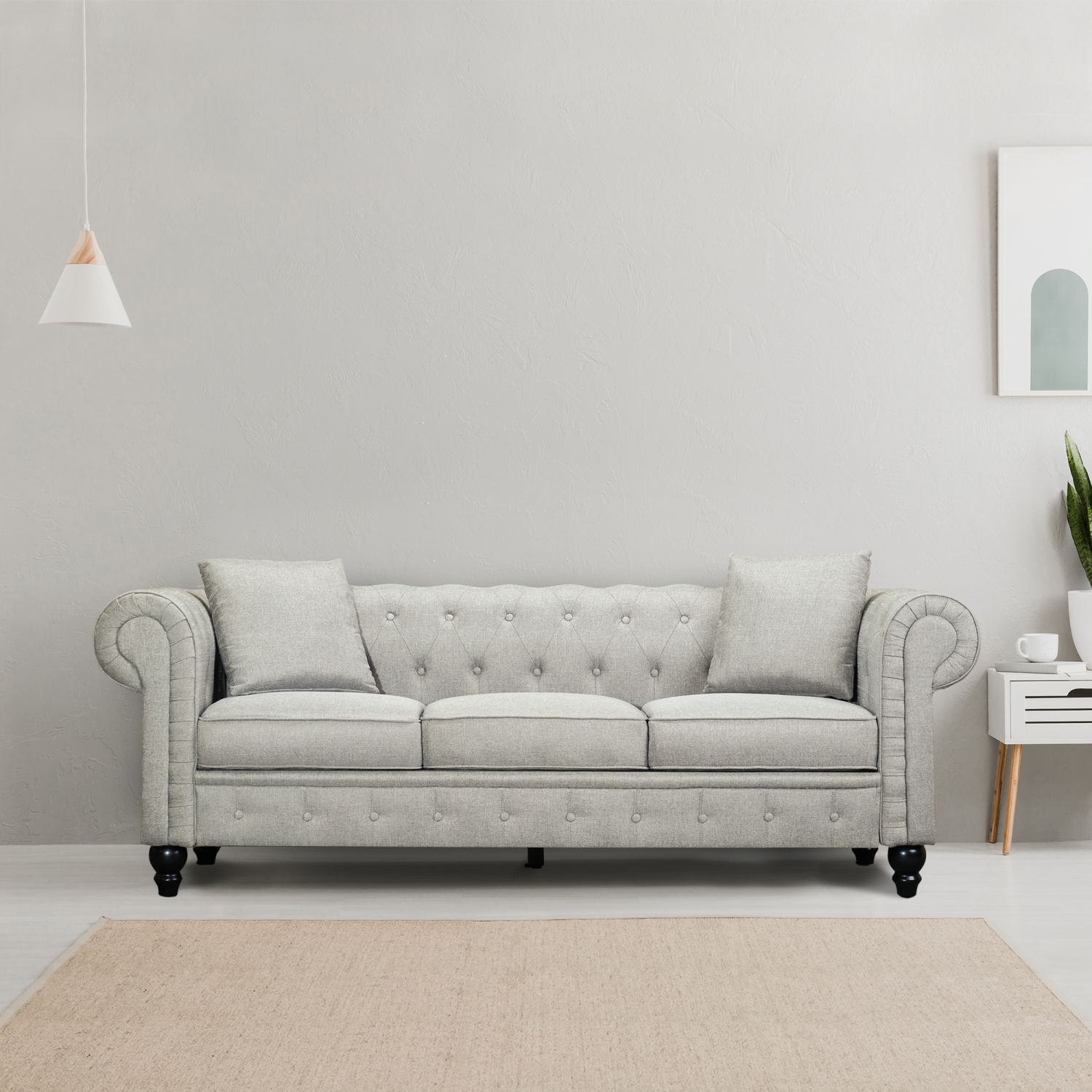 Valencia Cerna 82.7" Linen Rolled Arm Chesterfield Sofa, Cloudy Grey