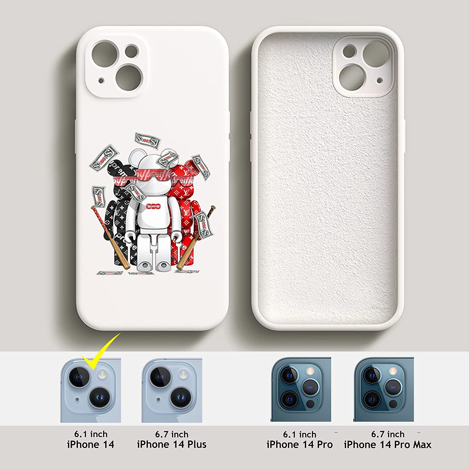 iPhone 14 Fashionable Designer Bear Silicone Case with Full Body Protection in White Color