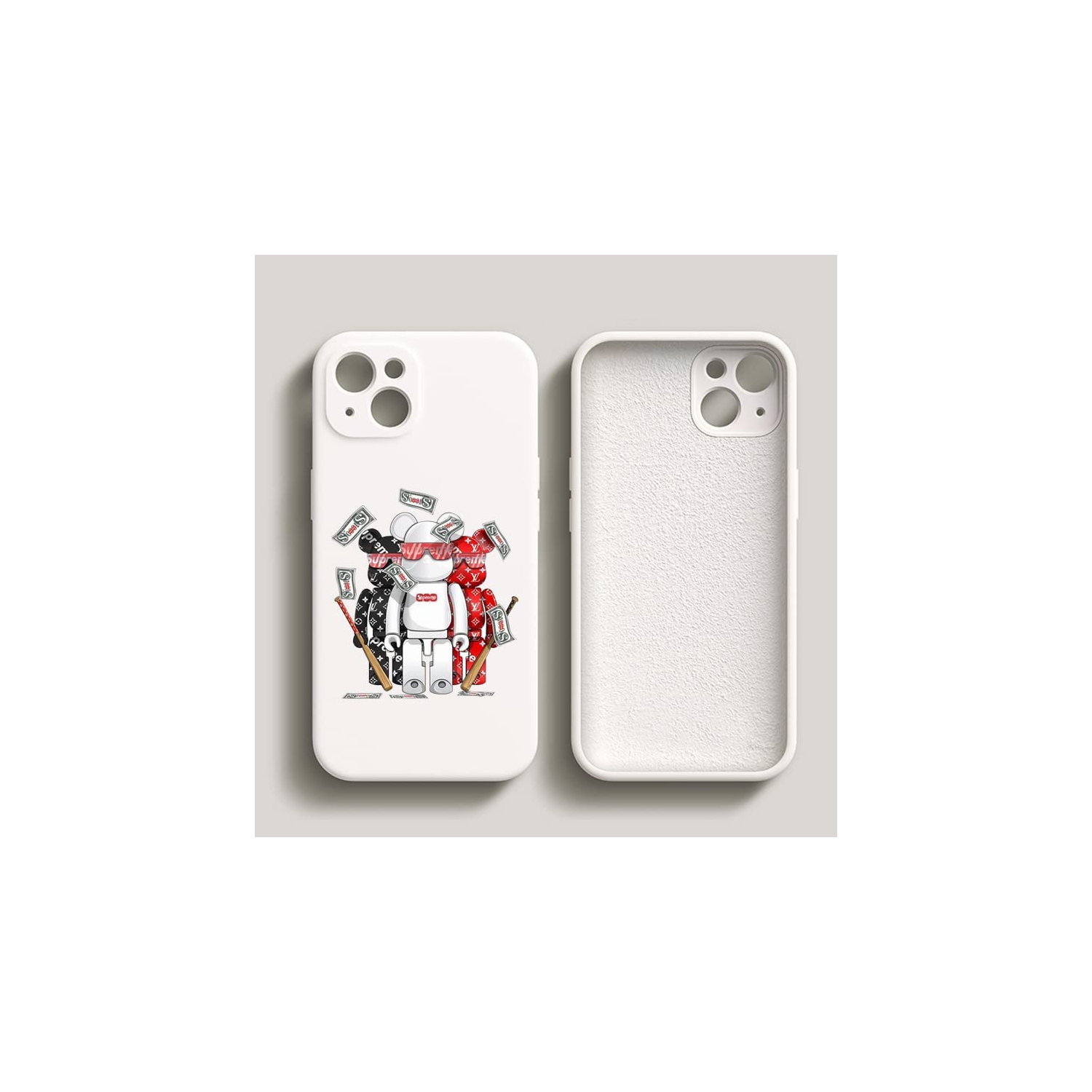 iPhone 14 Fashionable Designer Bear Silicone Case with Full Body Protection in White Color