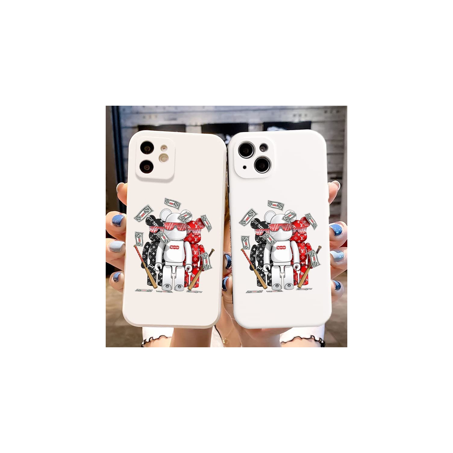 iPhone 14 Fashionable Designer Bear Silicone Case with Full Body Protection in White Color