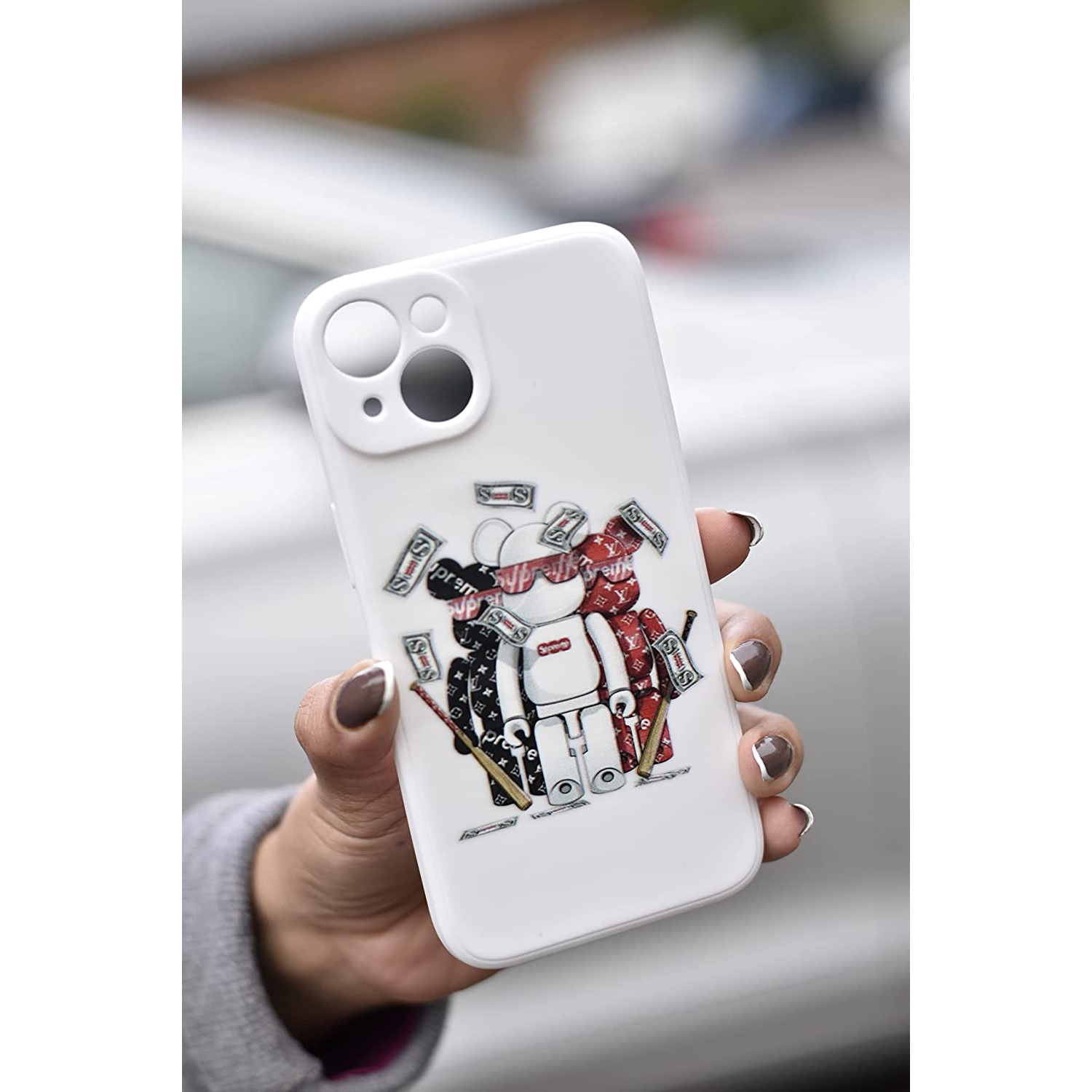 iPhone 14 Fashionable Designer Bear Silicone Case with Full Body Protection in White Color