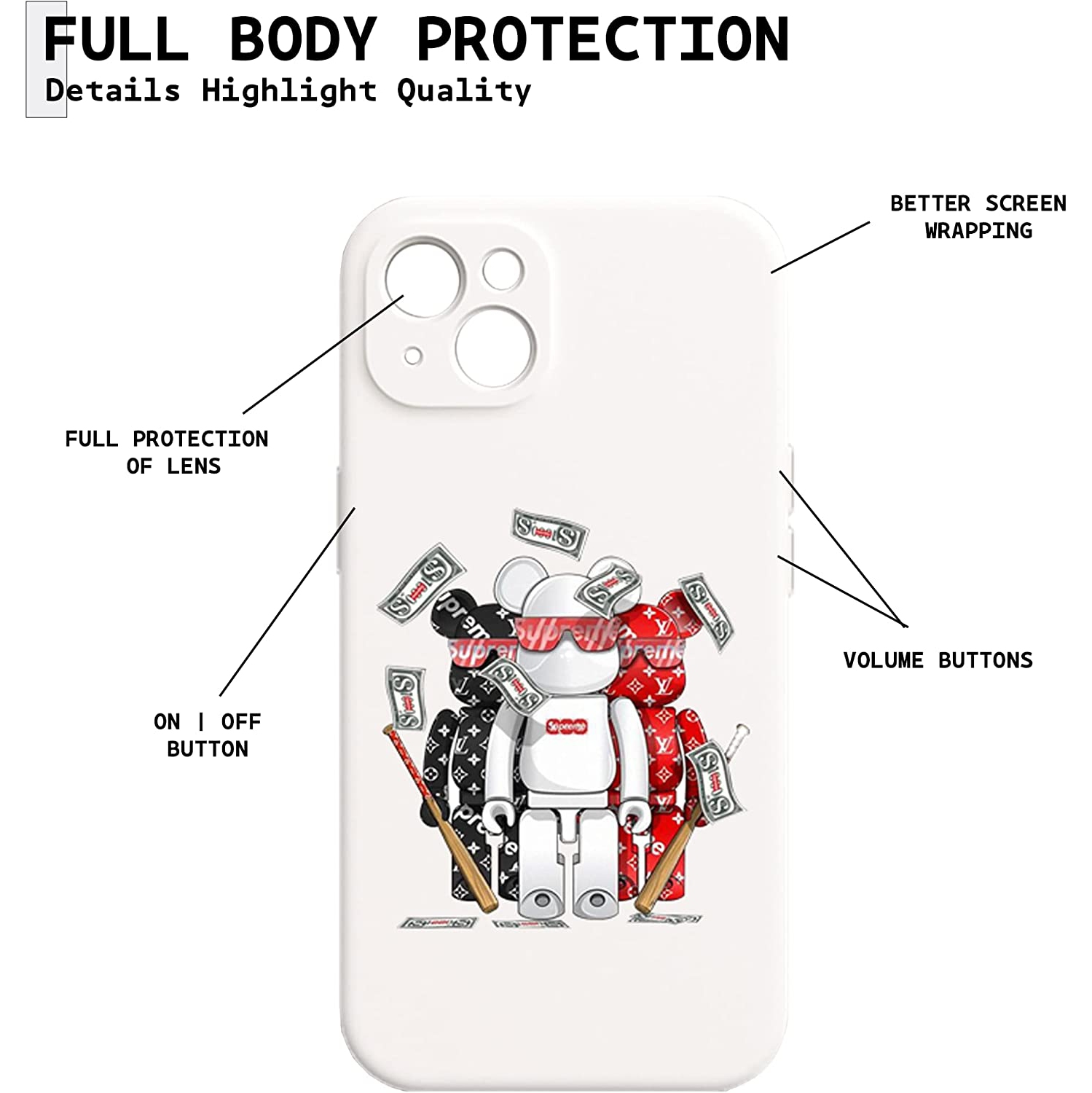 iPhone 14 Fashionable Designer Bear Silicone Case with Full Body Protection in White Color