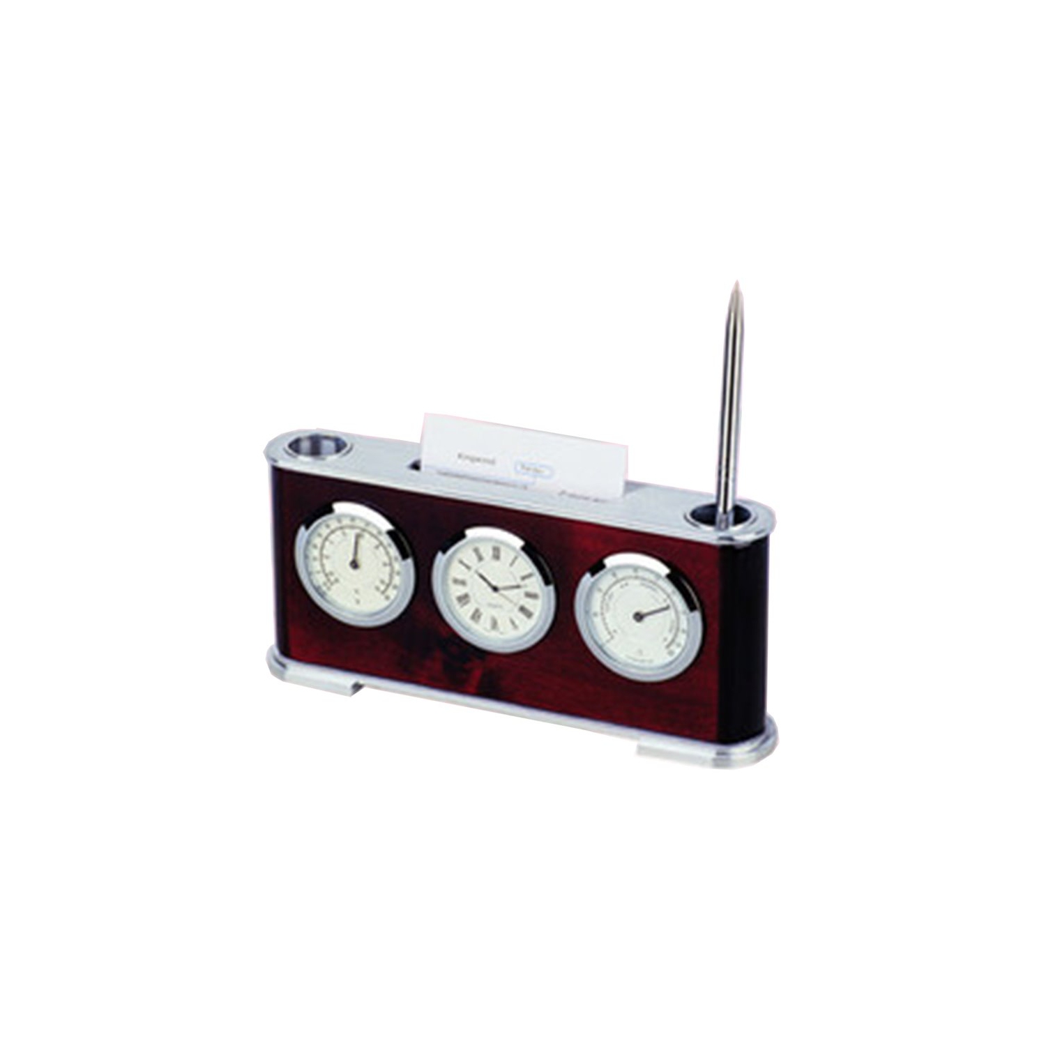 Jiallo Stainless Steel Clock with Pen Stand and Card Holder in Brown/Silver