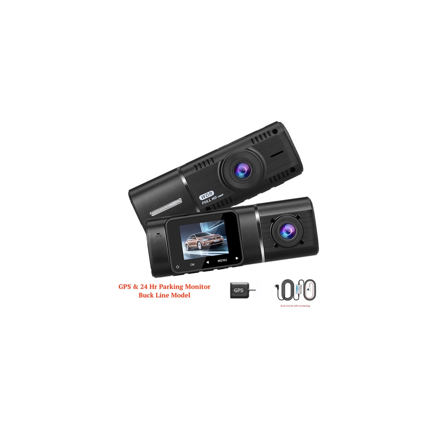 GPS Dual Car Dash Cam Front And Inside 24 Hr Parking Monitor Buck Line Included Full HD 1080P Video Recorder IR Night Vision 310° Wide Angle By