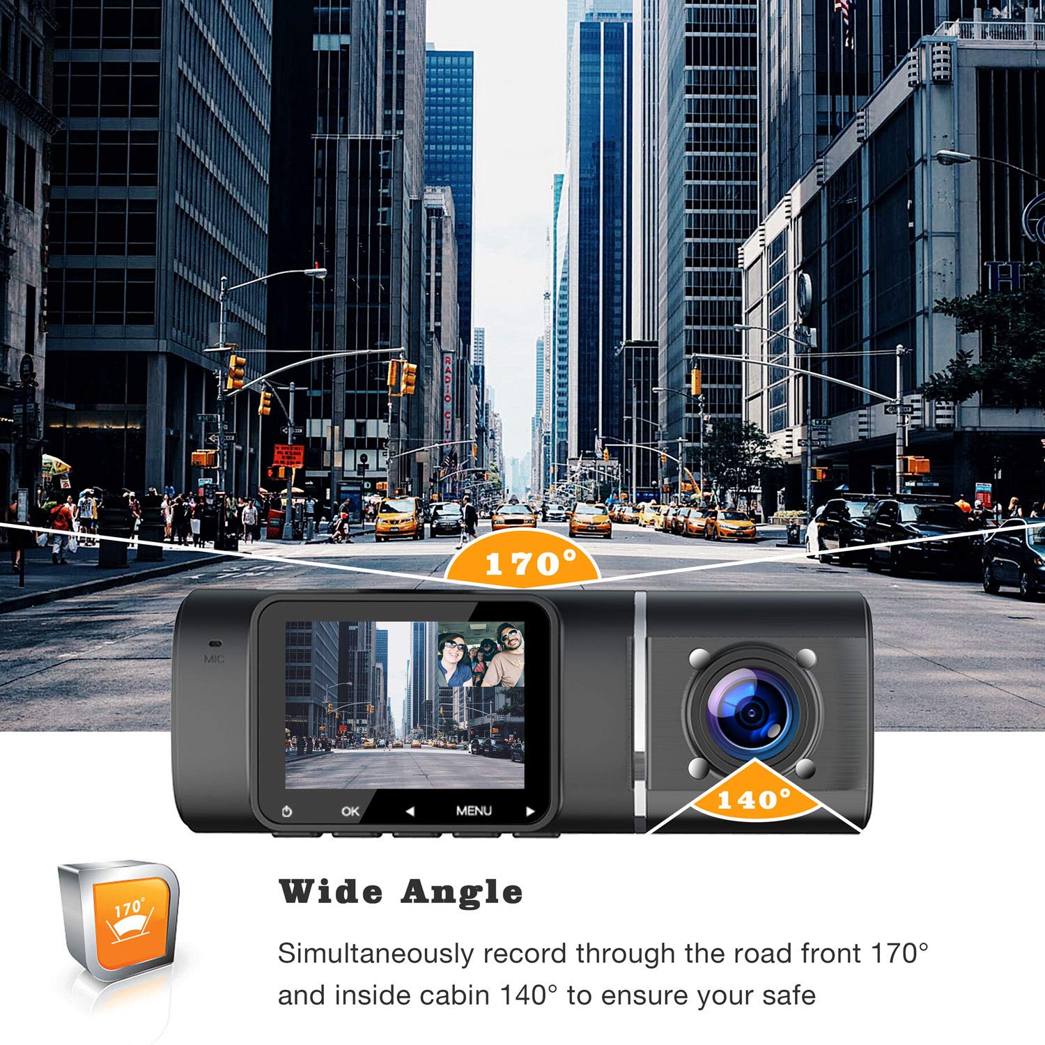 GPS Dual Car Dash Cam Front And Inside 24 Hr Parking Monitor Buck Line Included Full HD 1080P Video Recorder IR Night Vision 310° Wide Angle By
