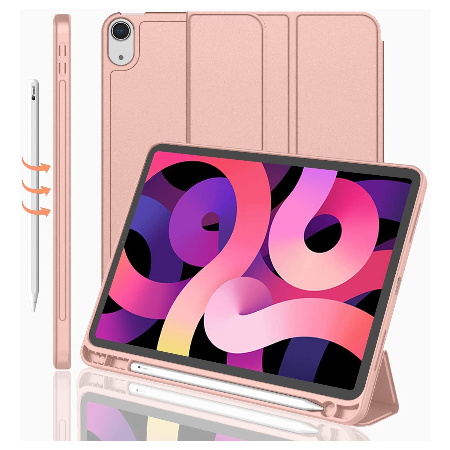 Slim Magnetic Smart Cover Stand Case with Auto Sleep/Wake & Pencil Holder for iPad Air 4 5 4th 5th Gen. 10.9", Rose Gold