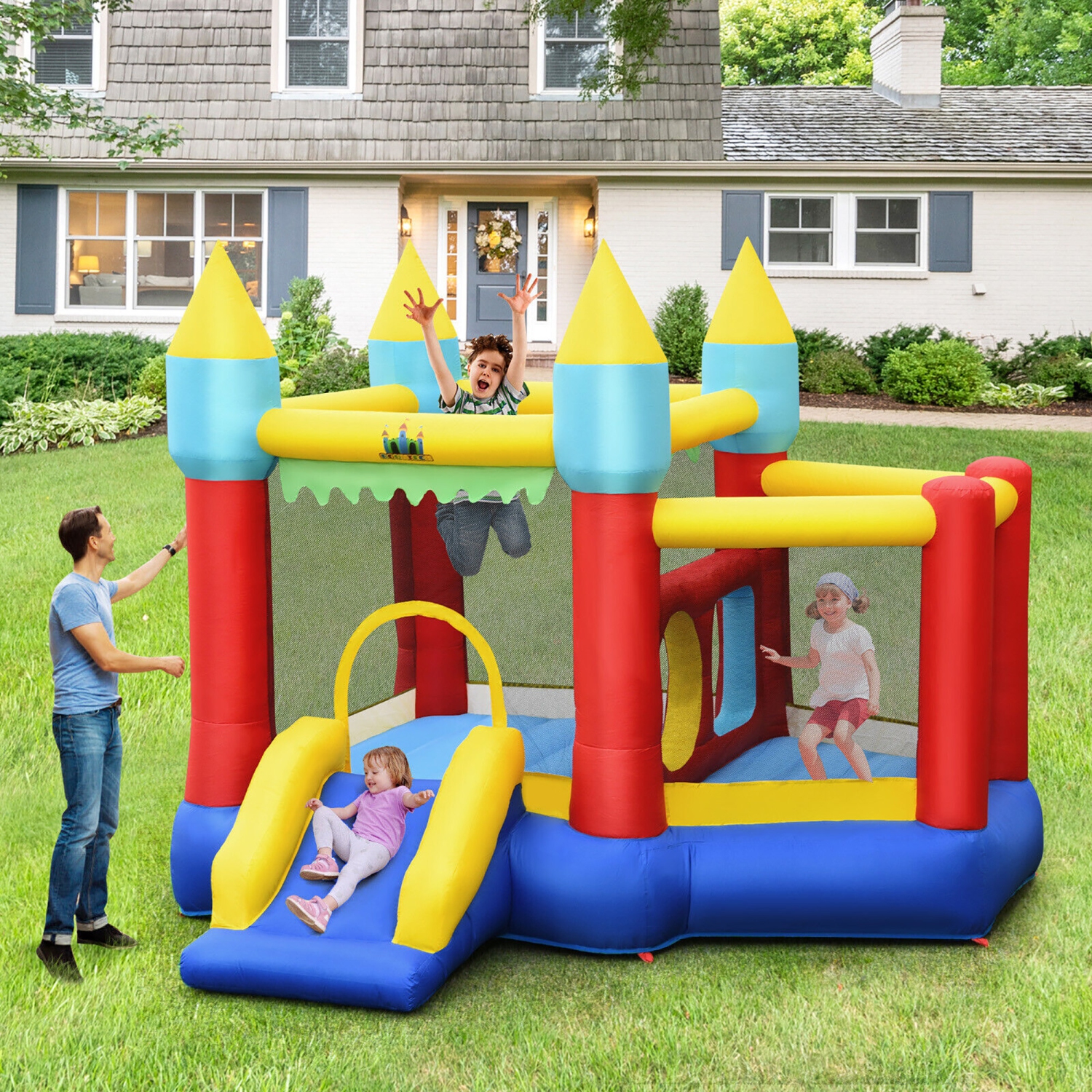 Gymax Inflatable Bounce House Slide Jumping Castle w/ Tunnels Ball Pit & 550W Blower