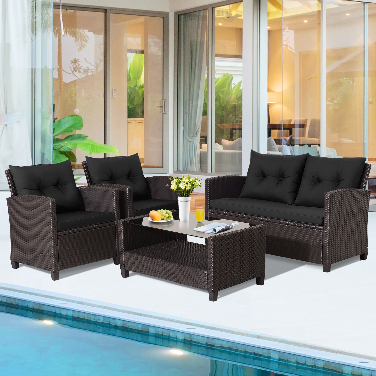 Gymax 4PCS Outdoor Conversation Set Patio PE Rattan Set w/ Glass Table & Sofa Cushions