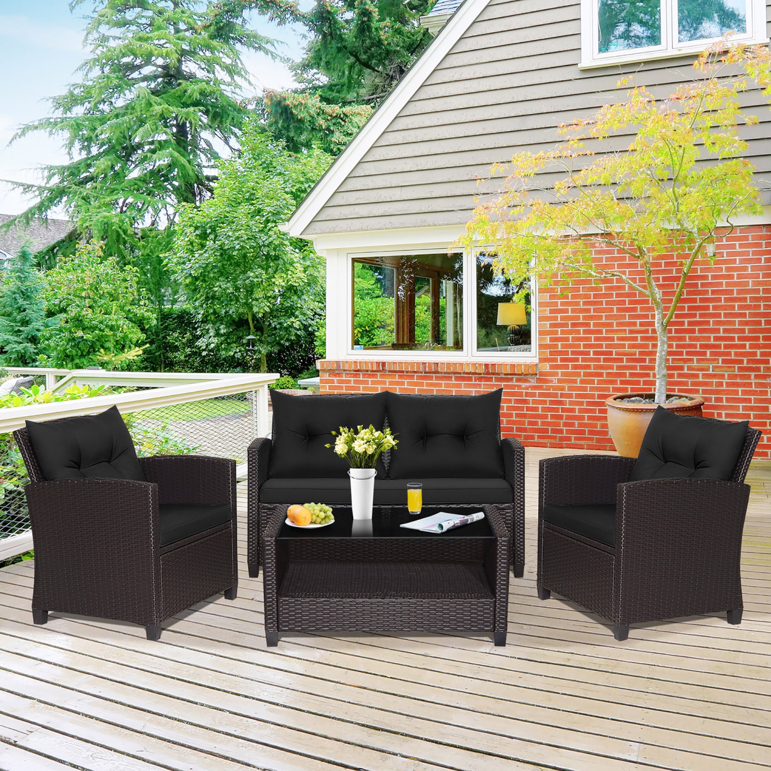 Gymax 4PCS Outdoor Conversation Set Patio PE Rattan Set w/ Glass Table & Sofa Cushions