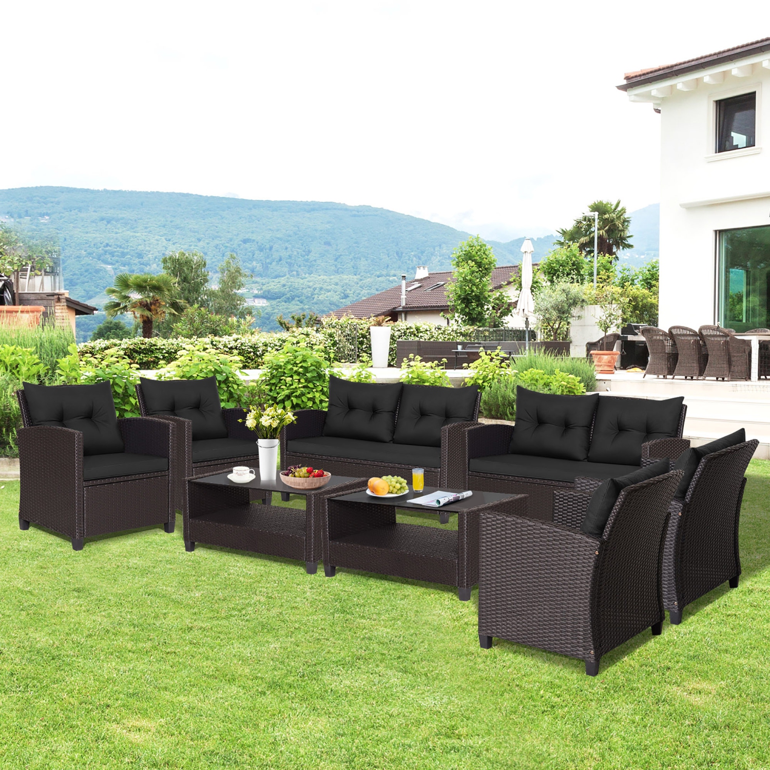 Gymax 4PCS Outdoor Conversation Set Patio PE Rattan Set w/ Glass Table & Sofa Cushions
