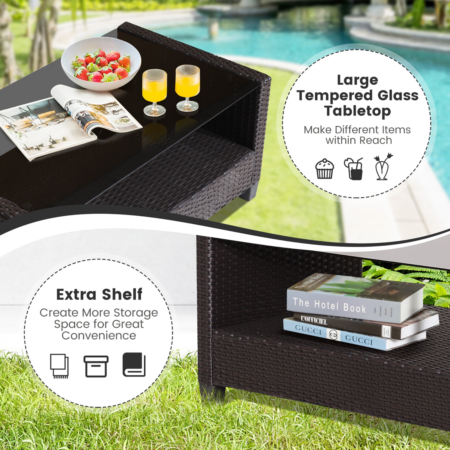 Gymax 4PCS Outdoor Conversation Set Patio PE Rattan Set w/ Glass Table & Sofa Cushions