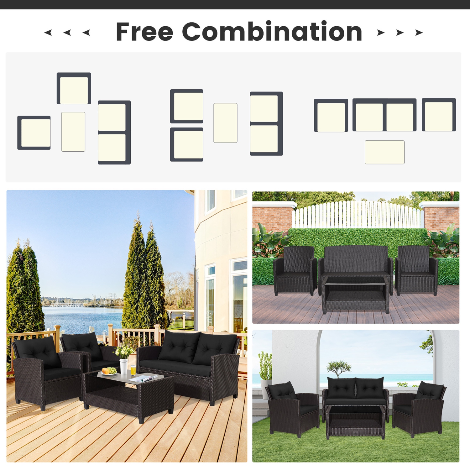 Gymax 4PCS Outdoor Conversation Set Patio PE Rattan Set w/ Glass Table & Sofa Cushions