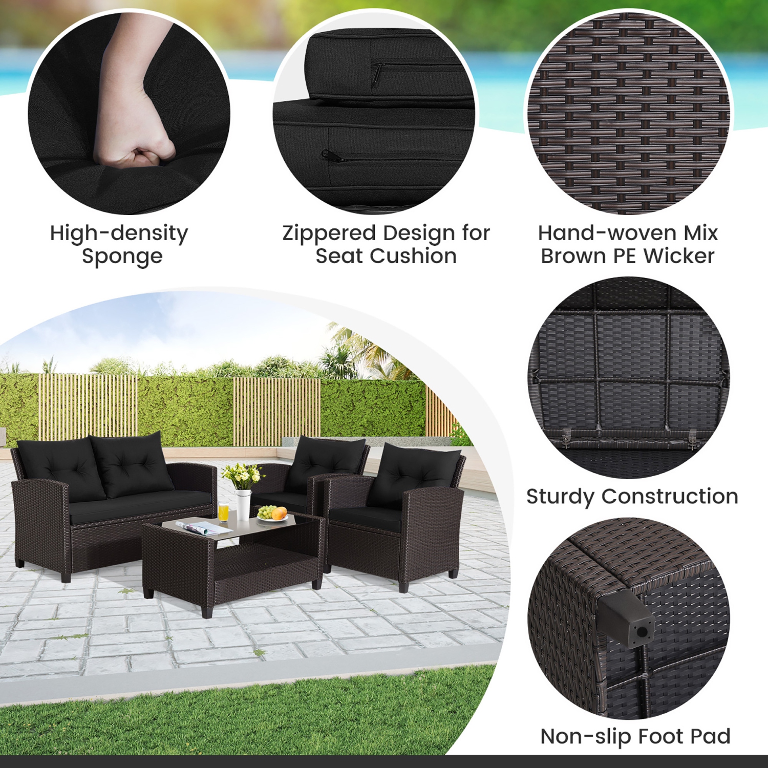 Gymax 4PCS Outdoor Conversation Set Patio PE Rattan Set w/ Glass Table & Sofa Cushions