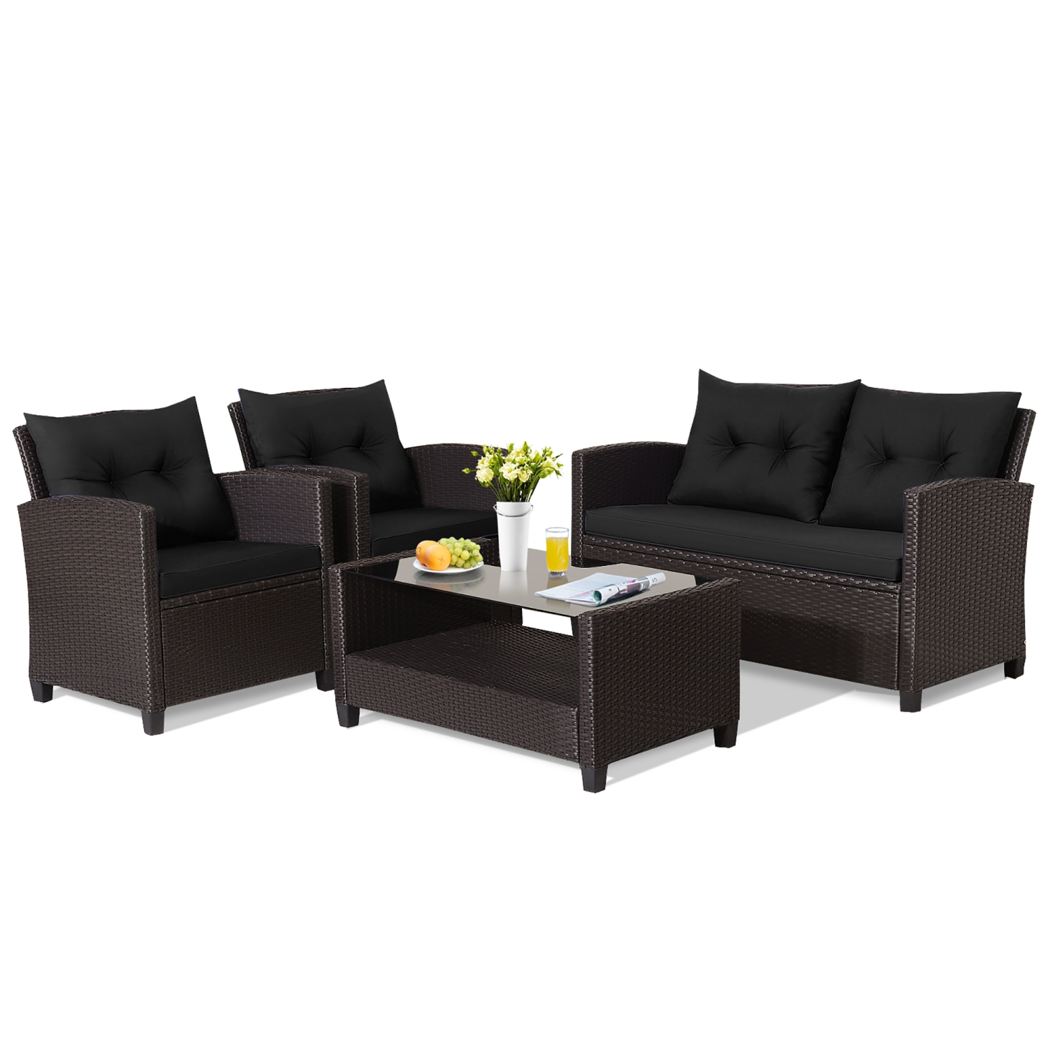 Gymax 4PCS Outdoor Conversation Set Patio PE Rattan Set w/ Glass Table & Sofa Cushions