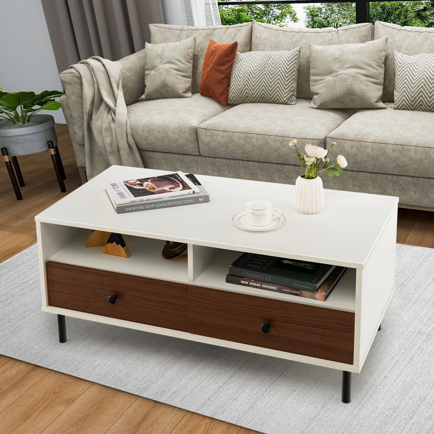 Table Basse Rectangle Moderne GYMAX, avec Étagère de Rangement et Tiroirs, Meubles de Salon