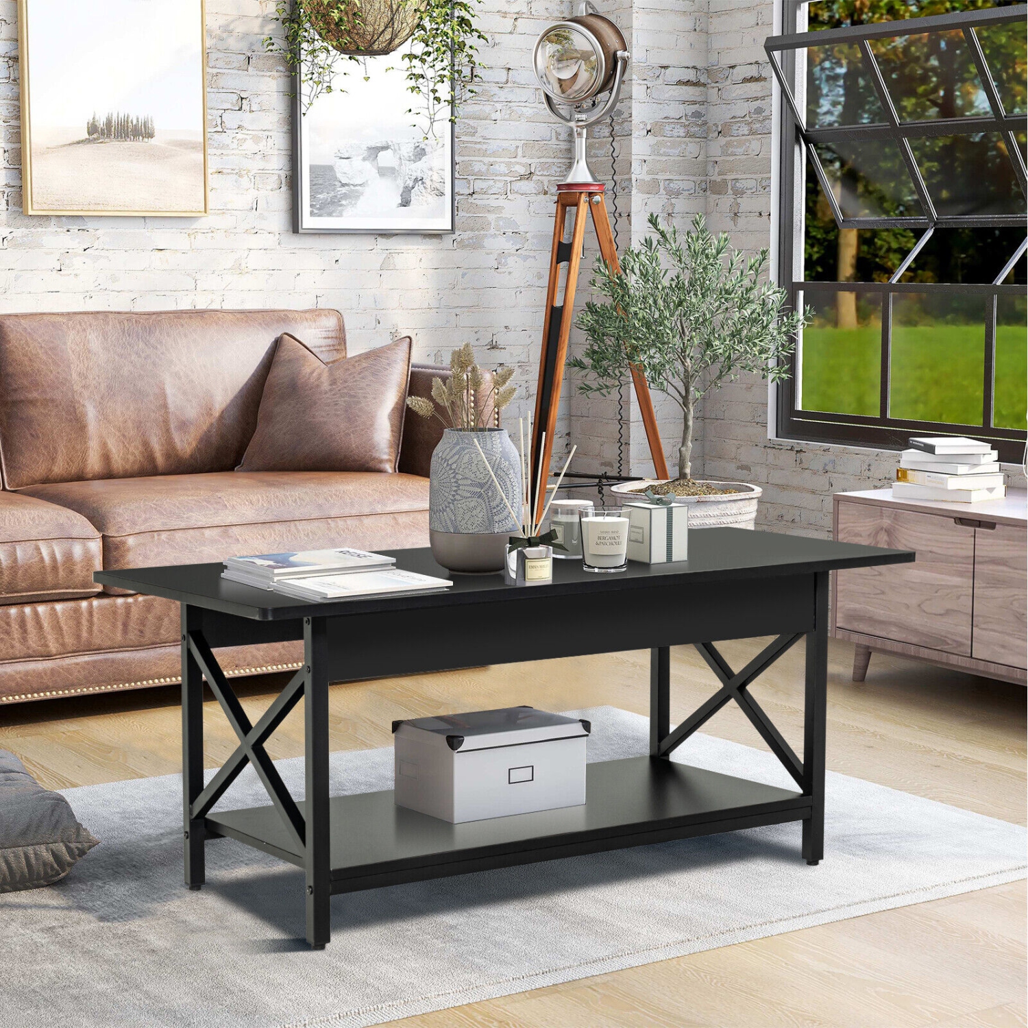 Gymax Coffee Table Industrial 2-Tier w/ Storage Shelf &Storage Shelf for Living Room