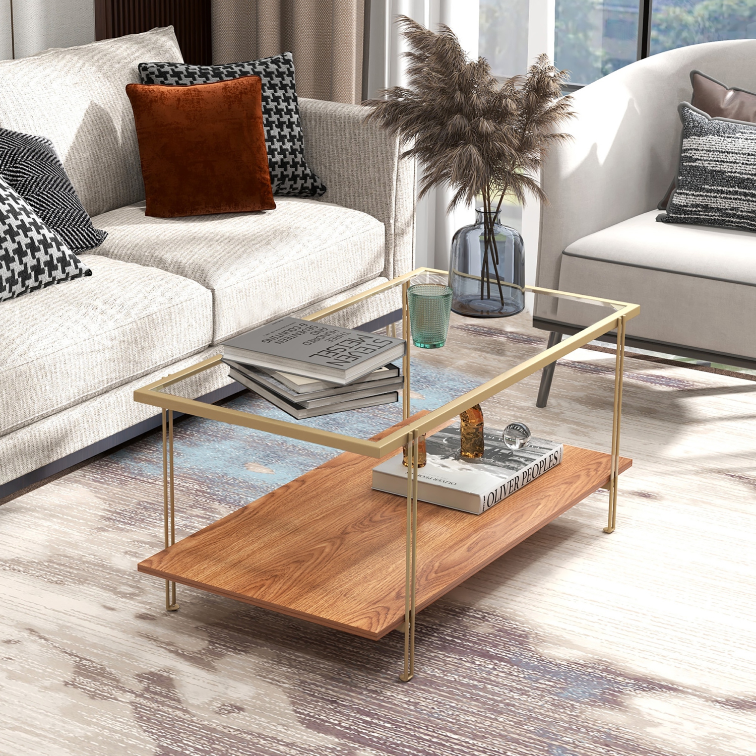 Gymax Coffee Table Rectangle Glass Top w/ Storage Shelf & Gold Steel Frame Living Room