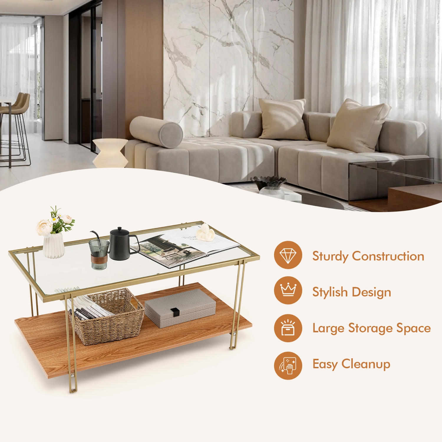 Gymax Coffee Table Rectangle Glass Top w/ Storage Shelf & Gold Steel Frame Living Room
