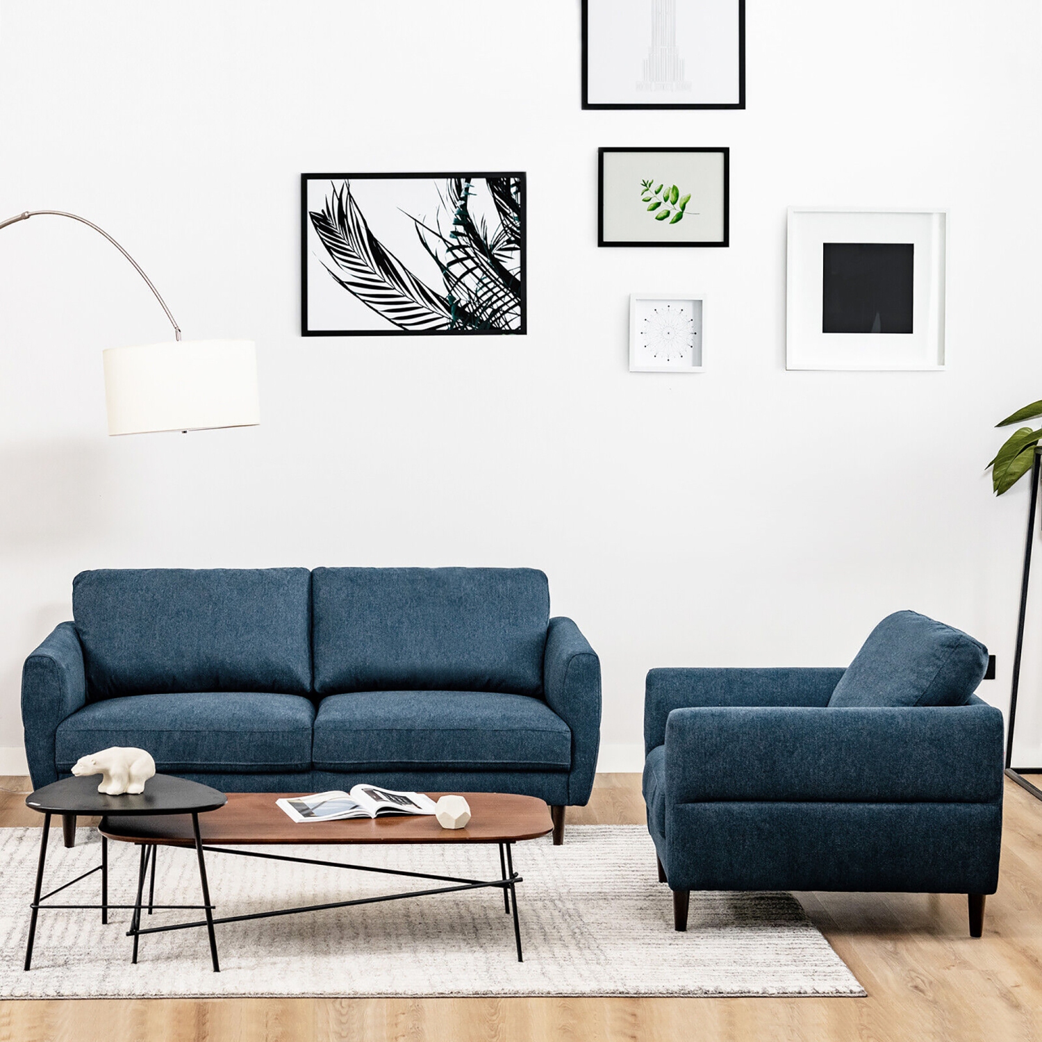 Gymax 2 Pieces Living Room Sofa Set Modern Fabric Sofa Couch & Accent Chair Set