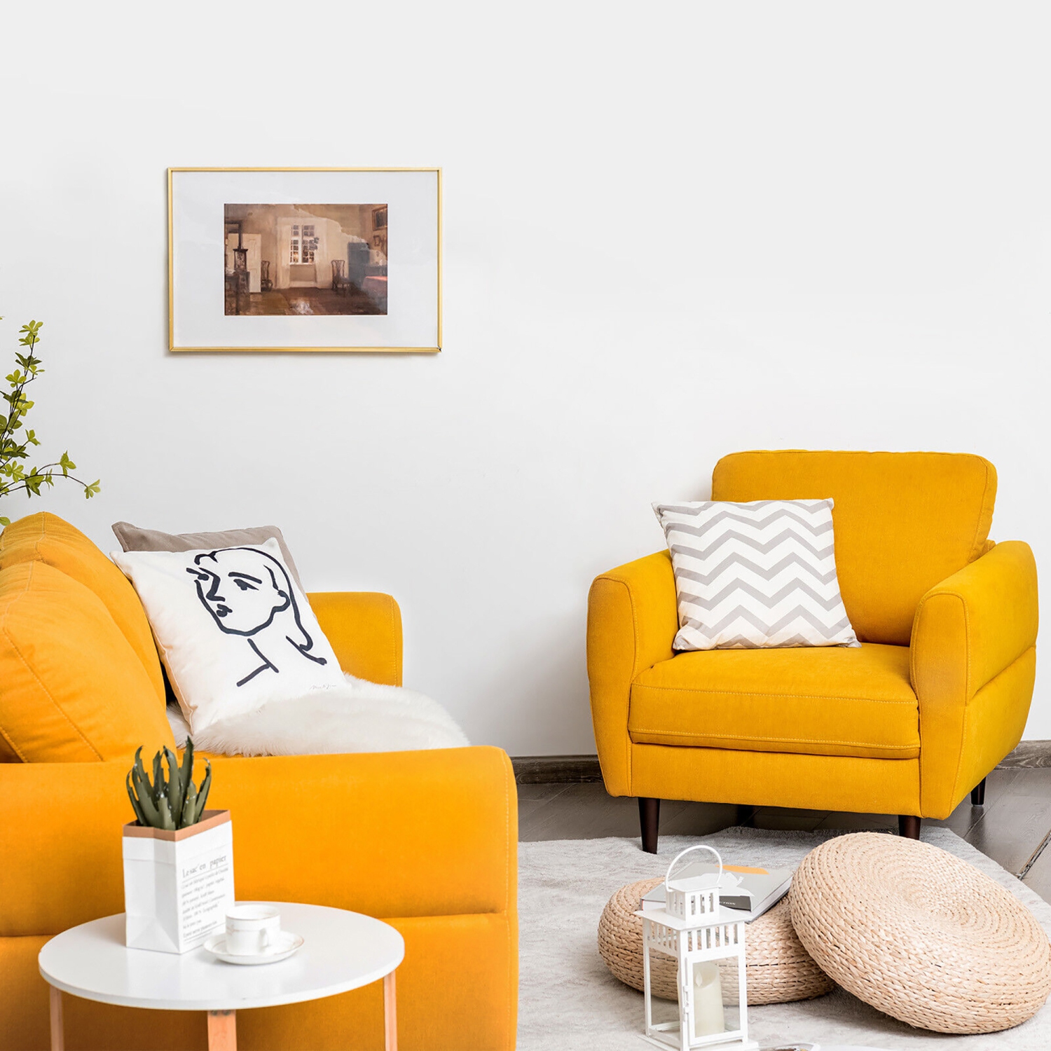 Gymax 2 Pieces Living Room Sofa Set Modern Fabric Sofa Couch & Accent Chair Set