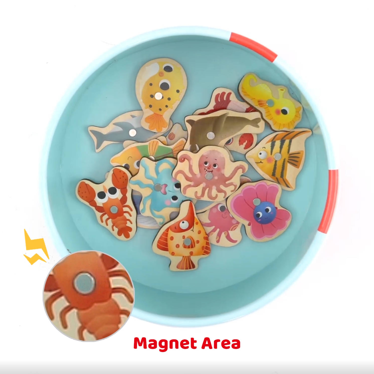 TOOKYLAND Jeu de Pêche Magnétique en Bois- 22pcs - Ensemble d'Animaux Aquatiques et Cannes à Pêche, 3 Ans +