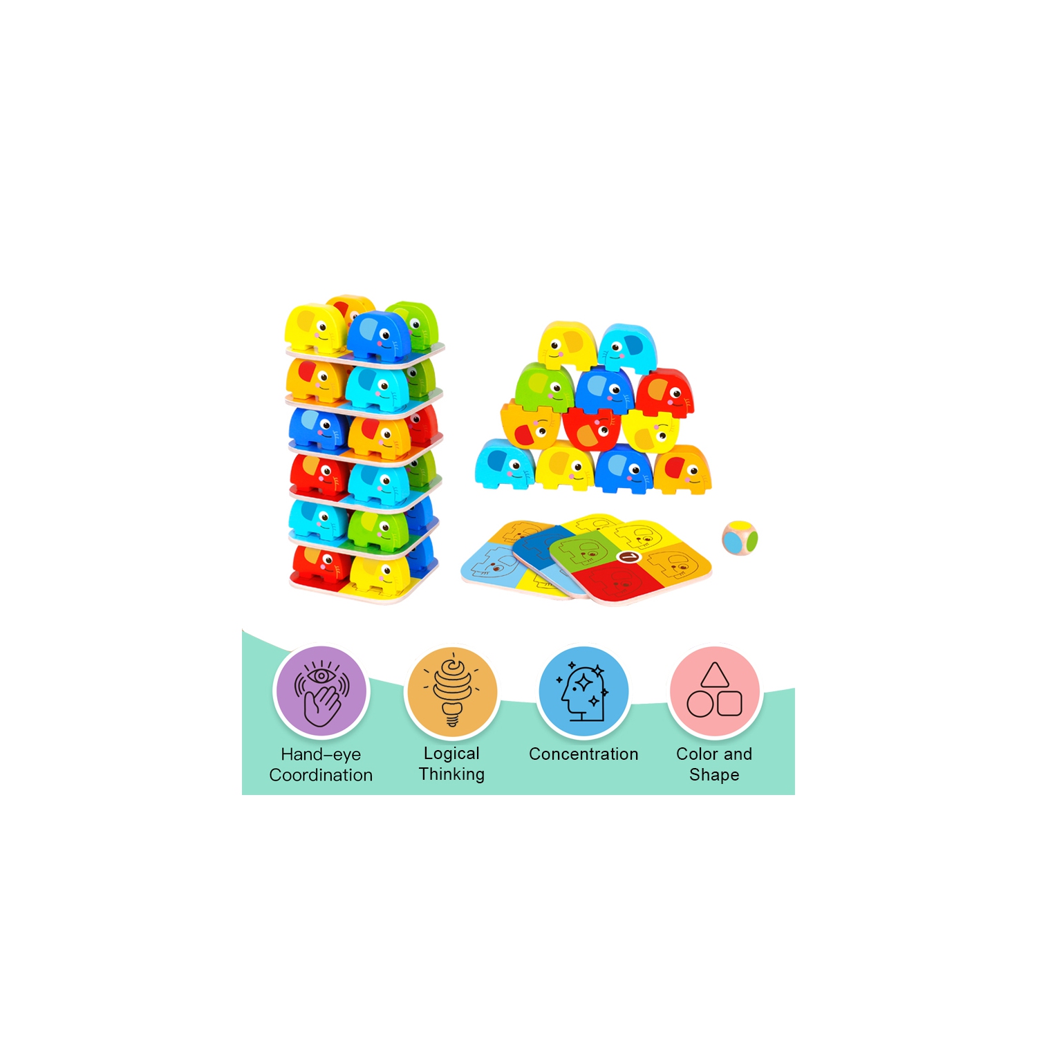 TOOKYLAND Éléphants en Bois à Empiler - 46pcs - Ensemble de Jeu avec Blocs, Cartes de Référence et Dé, 3 Ans +