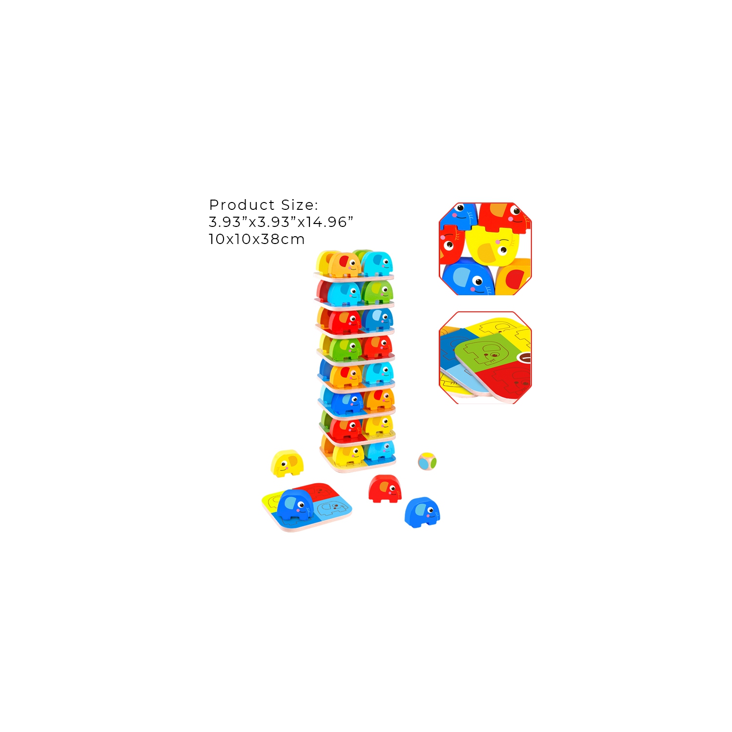 TOOKYLAND Éléphants en Bois à Empiler - 46pcs - Ensemble de Jeu avec Blocs, Cartes de Référence et Dé, 3 Ans +