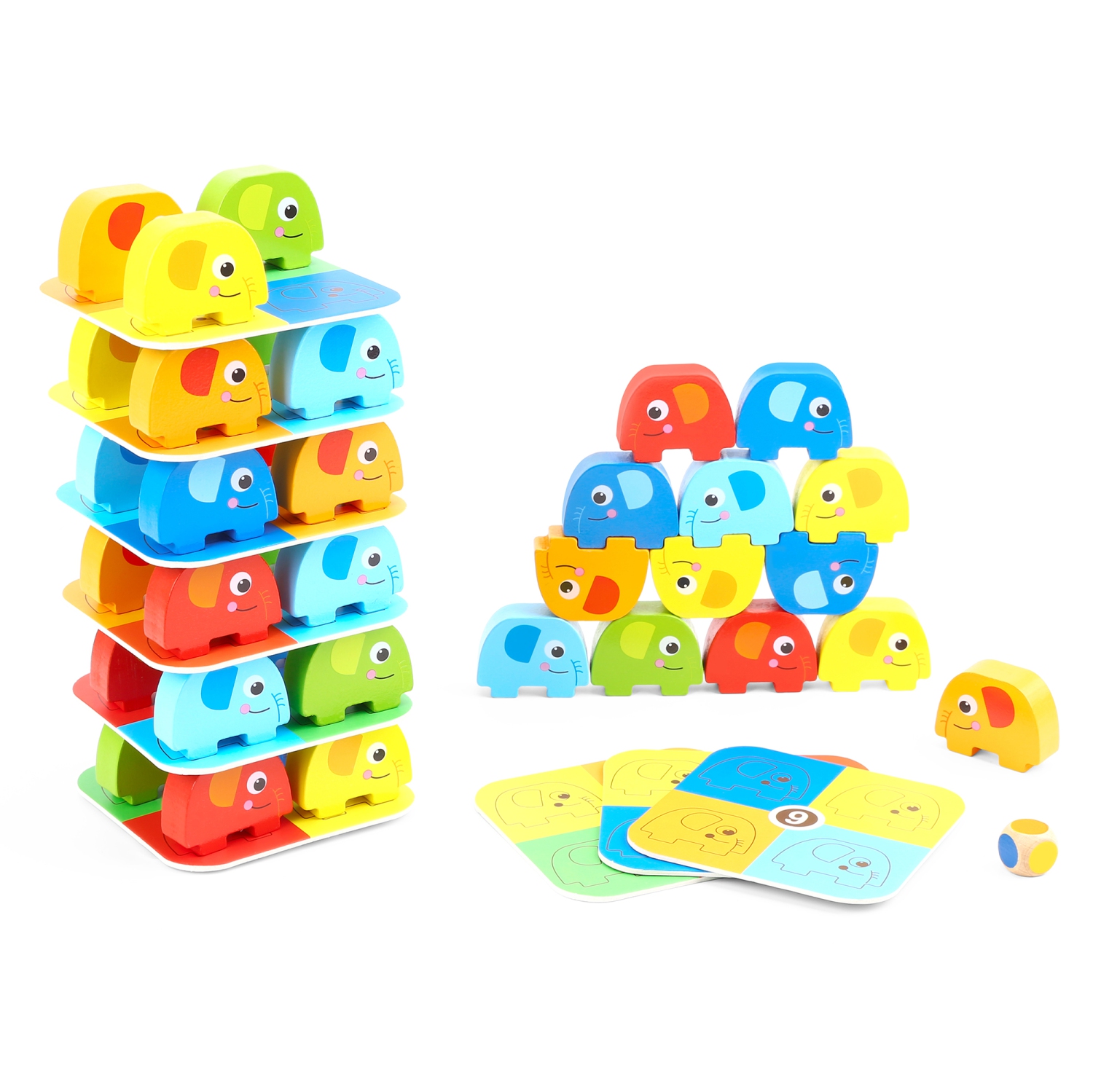 TOOKYLAND Éléphants en Bois à Empiler - 46pcs - Ensemble de Jeu avec Blocs, Cartes de Référence et Dé, 3 Ans +