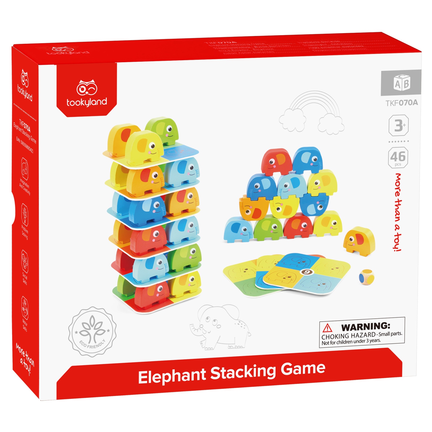 TOOKYLAND Éléphants en Bois à Empiler - 46pcs - Ensemble de Jeu avec Blocs, Cartes de Référence et Dé, 3 Ans +