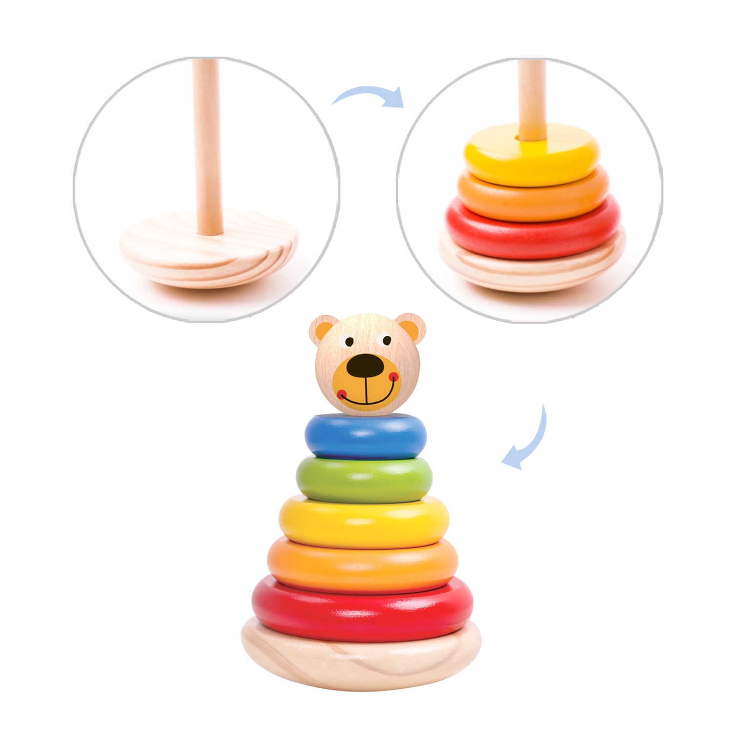 TOOKYLAND Ours Culbuto à Empiler - 7pcs - Jouet Empileur Culbutant en Bois, 12m+