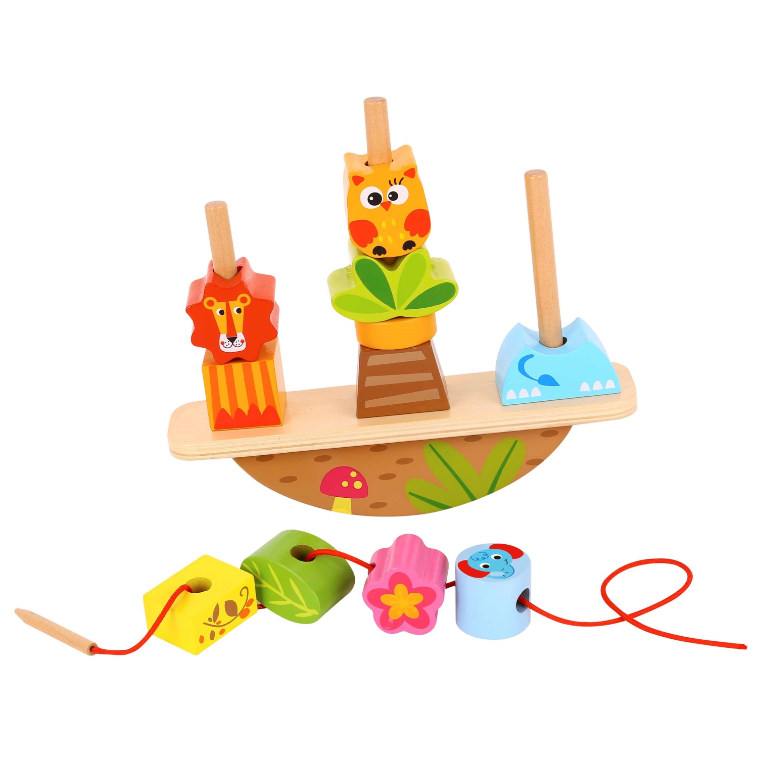 TOOKYLAND Empileur à Bascule en Bois - 13pcs - Jouet d'Empilage avec Ficelle à Enfiler, 2 ans +