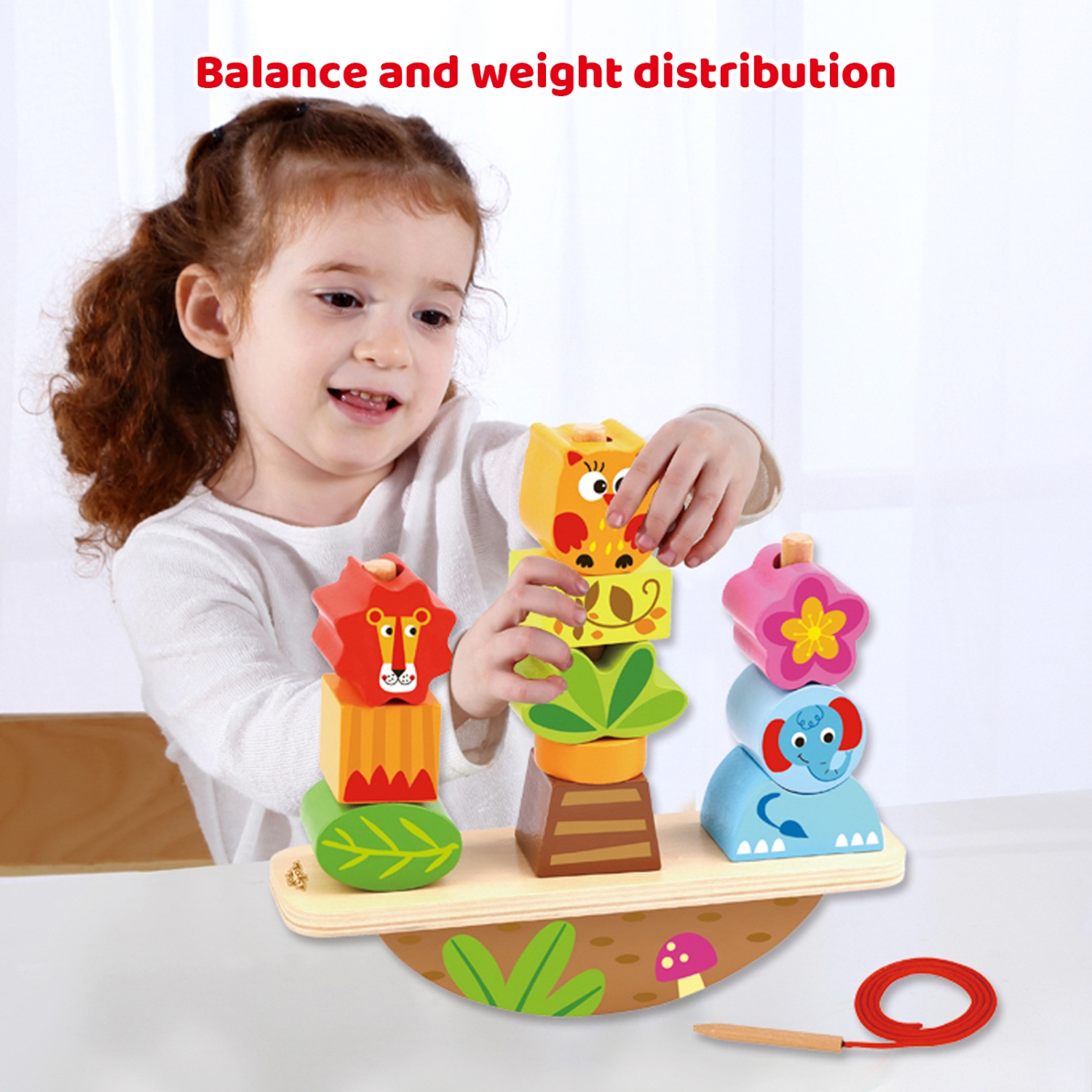 TOOKYLAND Empileur à Bascule en Bois - 13pcs - Jouet d'Empilage avec Ficelle à Enfiler, 2 ans +