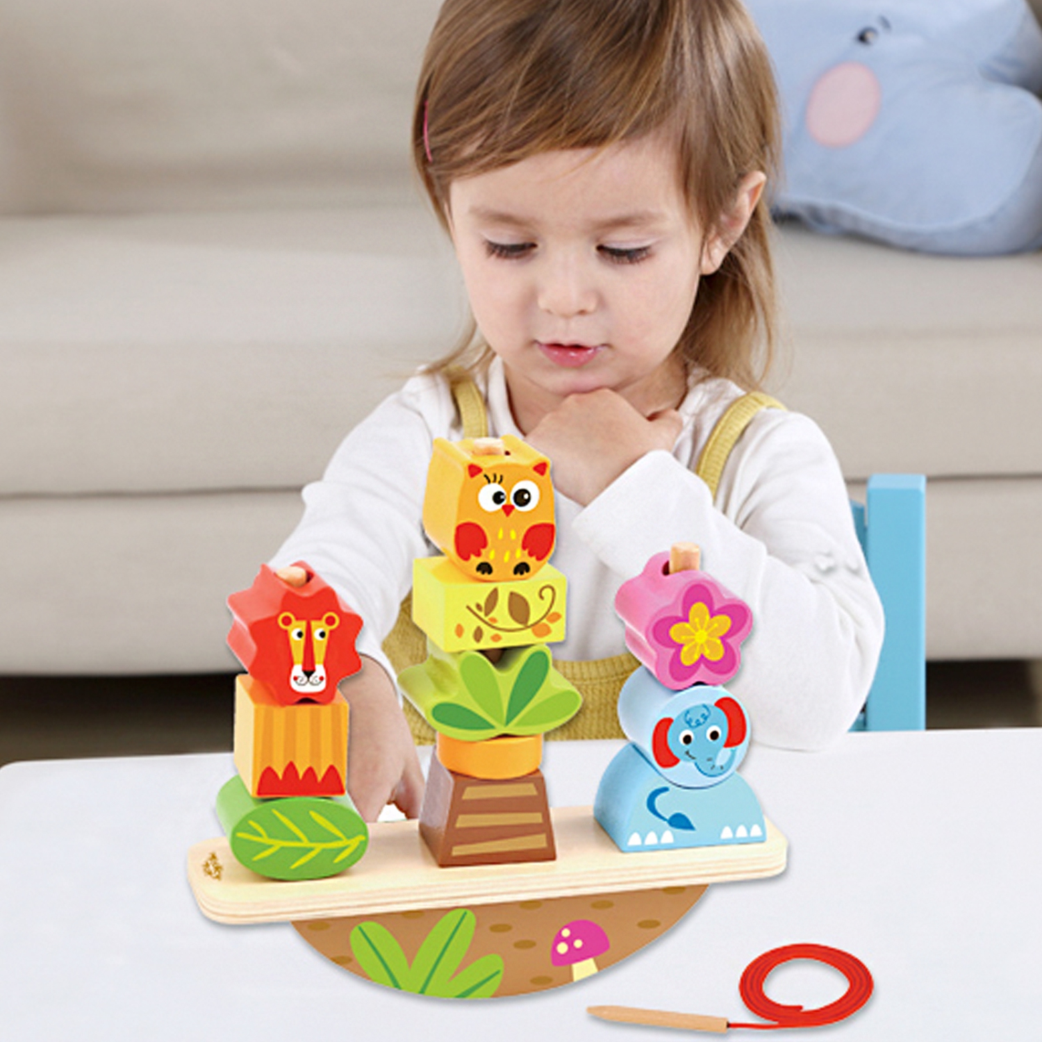 TOOKYLAND Empileur à Bascule en Bois - 13pcs - Jouet d'Empilage avec Ficelle à Enfiler, 2 ans +