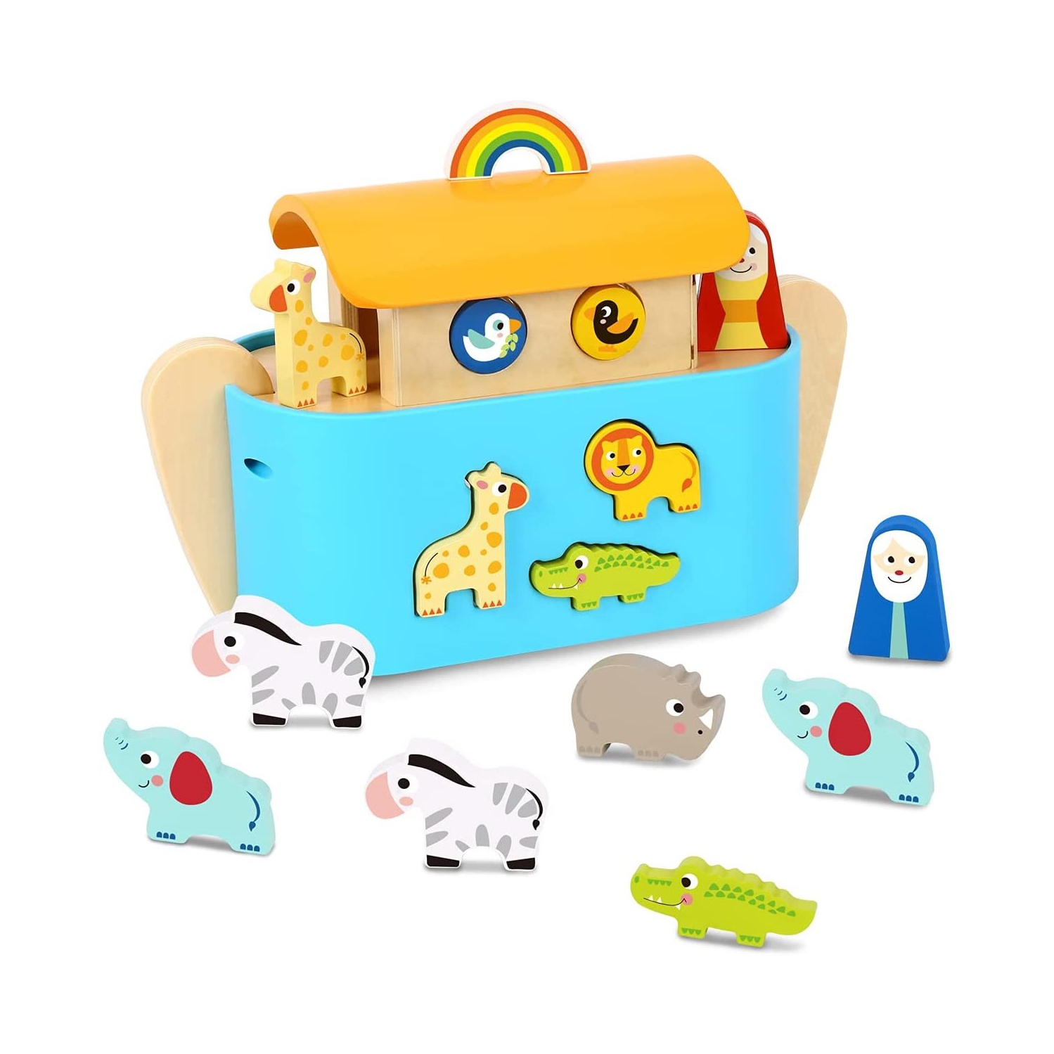 TOOKYLAND Wooden Noah's Ark Playset - 19pcs Animal Shape Sorter with Story Book, Ages 2+