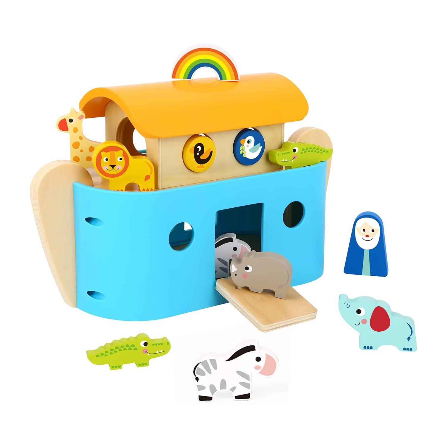 TOOKYLAND Wooden Noah's Ark Playset - 19pcs Animal Shape Sorter with Story Book, Ages 2+