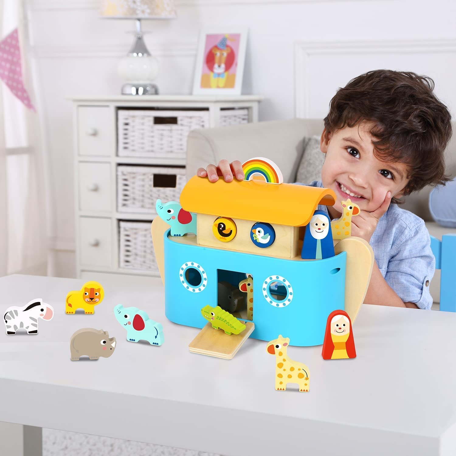 TOOKYLAND Wooden Noah's Ark Playset - 19pcs Animal Shape Sorter with Story Book, Ages 2+