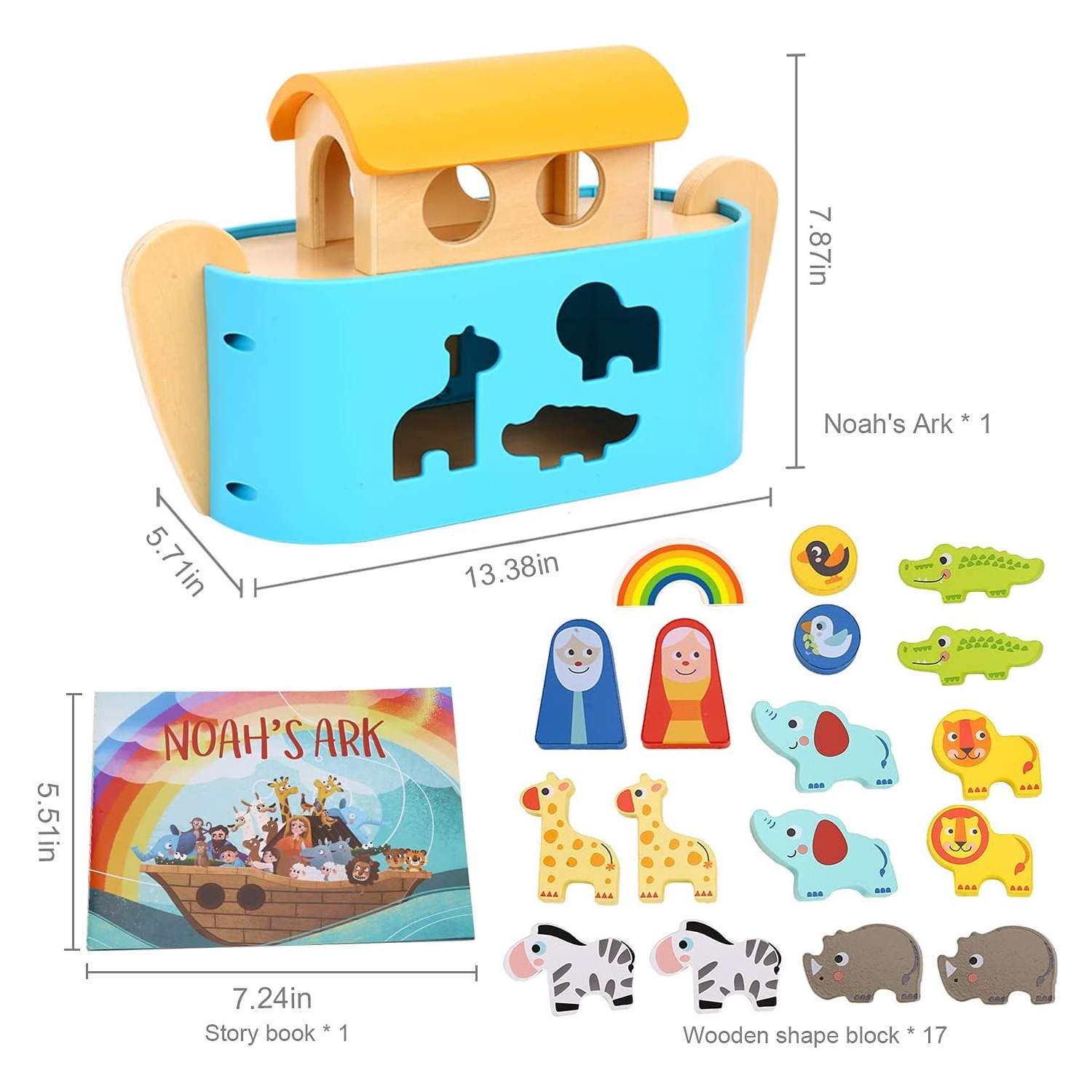 TOOKYLAND Wooden Noah's Ark Playset - 19pcs Animal Shape Sorter with Story Book, Ages 2+