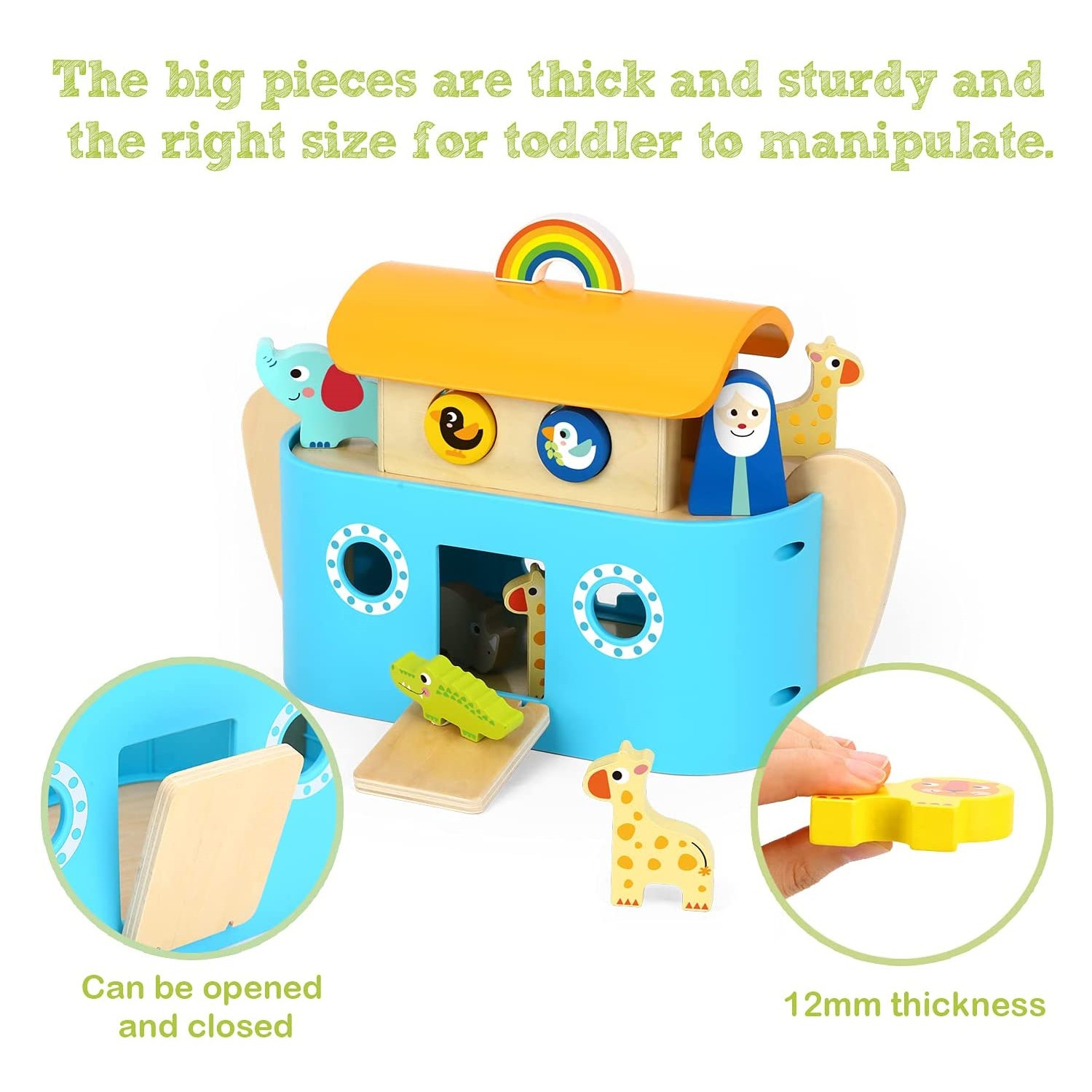 TOOKYLAND Wooden Noah's Ark Playset - 19pcs Animal Shape Sorter with Story Book, Ages 2+