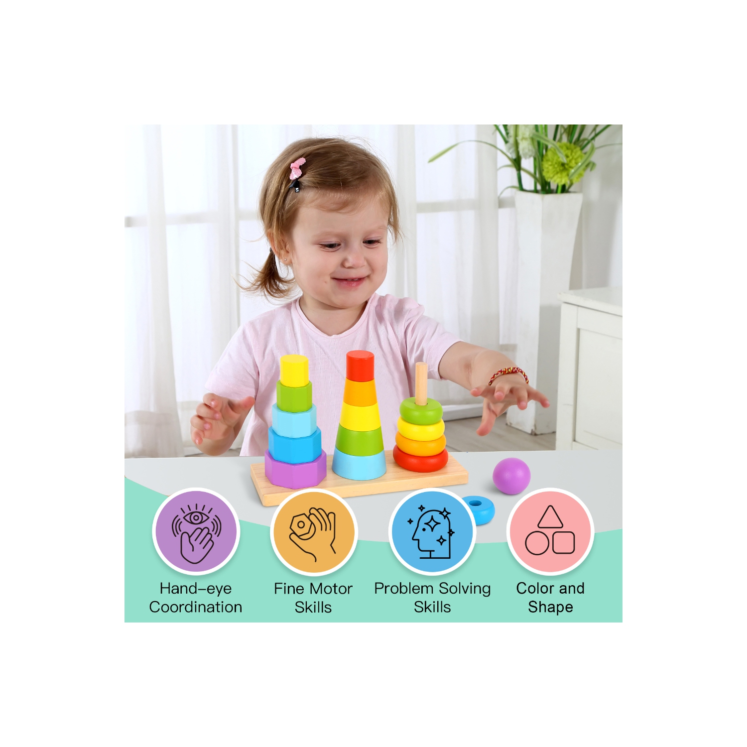 TOOKYLAND Wooden Geometric Stacking Toy - 17pcs - 3 Towers Stacker, Ages 18m+