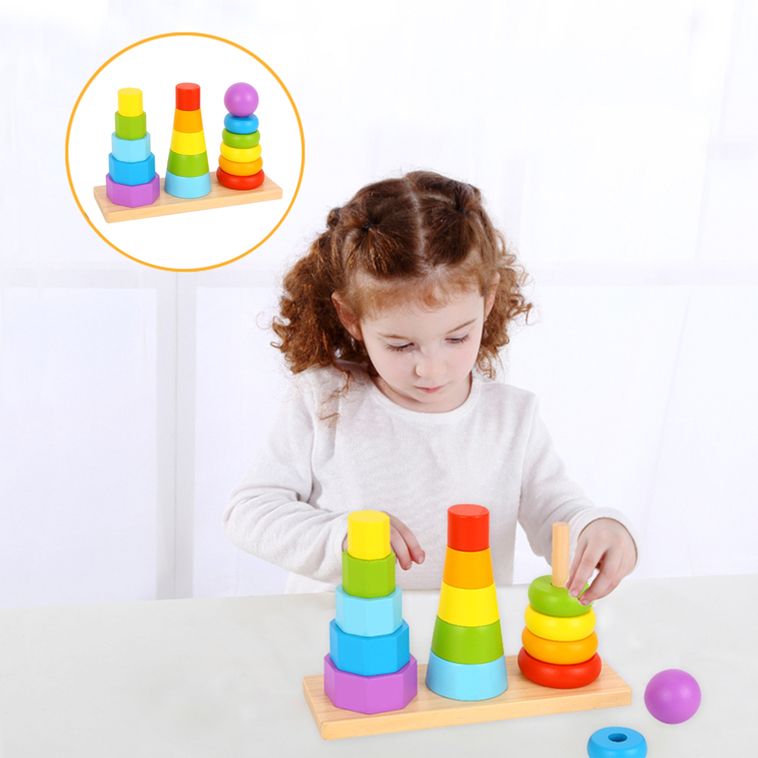 TOOKYLAND Wooden Geometric Stacking Toy - 17pcs - 3 Towers Stacker, Ages 18m+