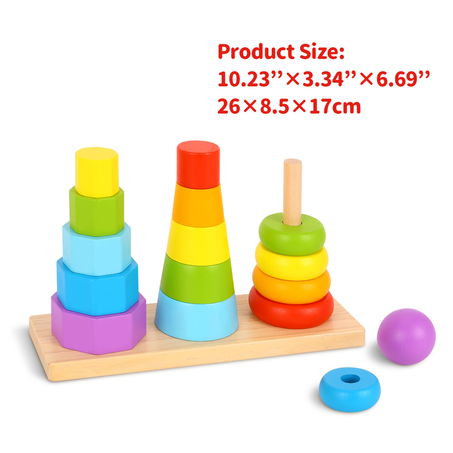 TOOKYLAND Wooden Geometric Stacking Toy - 17pcs - 3 Towers Stacker, Ages 18m+