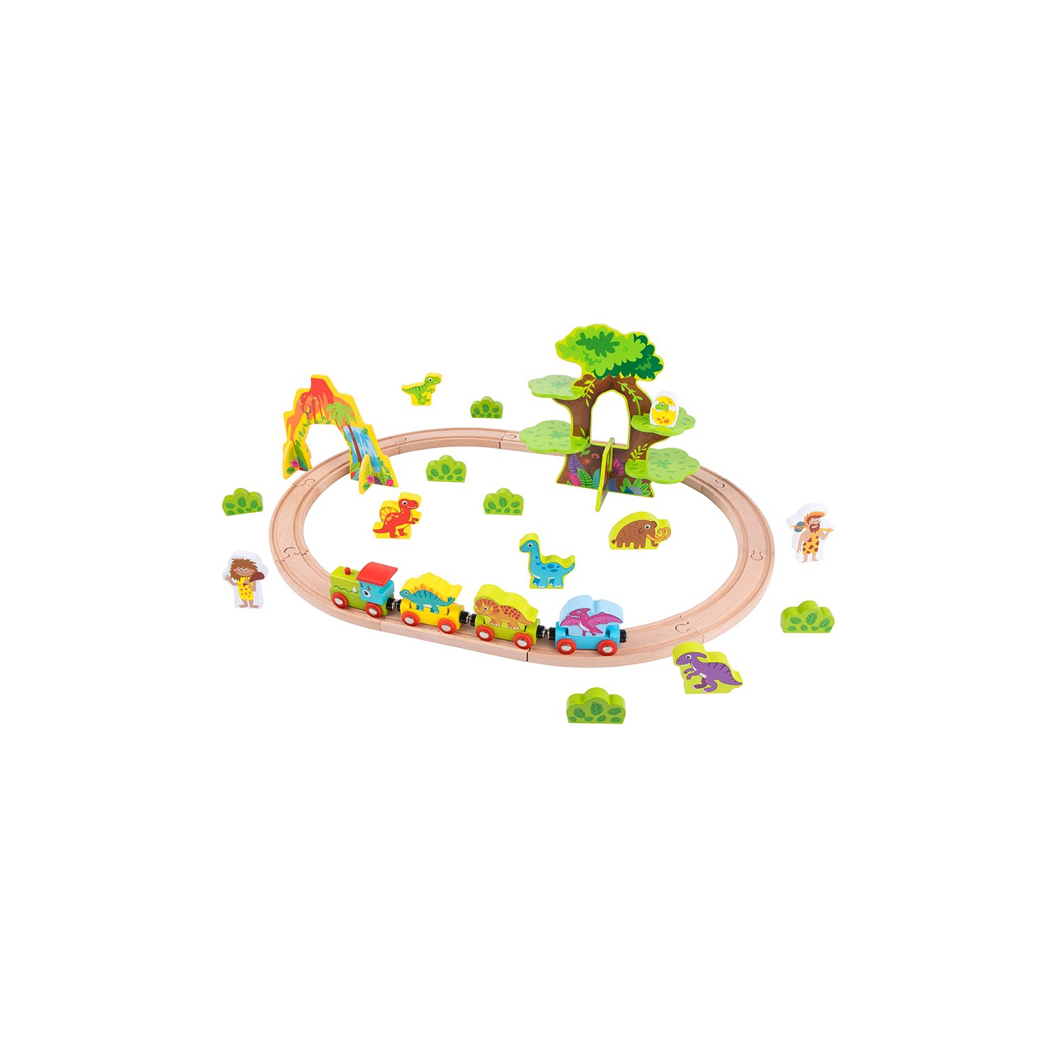 TOOKYLAND Ensemble de Train en Bois - 40pcs - Dinosaures, Hommes des Cavernes et Accessoires, 3 Ans +