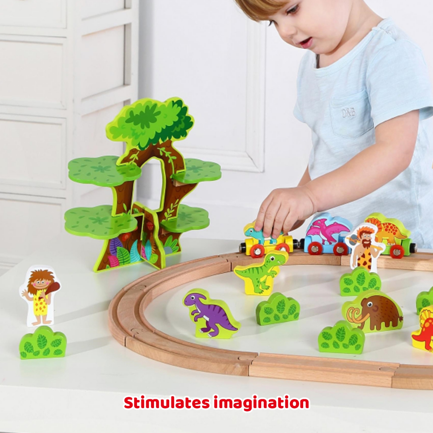 TOOKYLAND Ensemble de Train en Bois - 40pcs - Dinosaures, Hommes des Cavernes et Accessoires, 3 Ans +