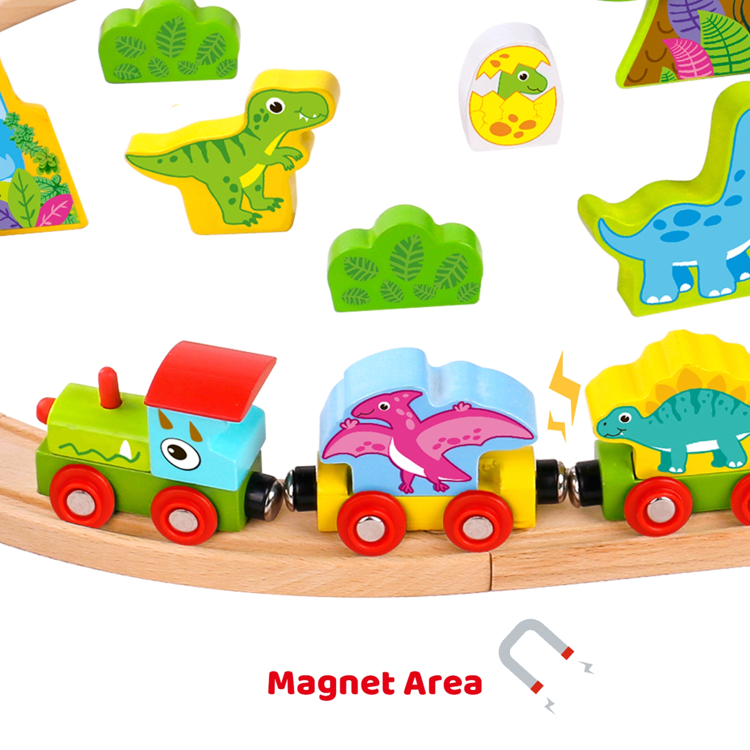 TOOKYLAND Ensemble de Train en Bois - 40pcs - Dinosaures, Hommes des Cavernes et Accessoires, 3 Ans +